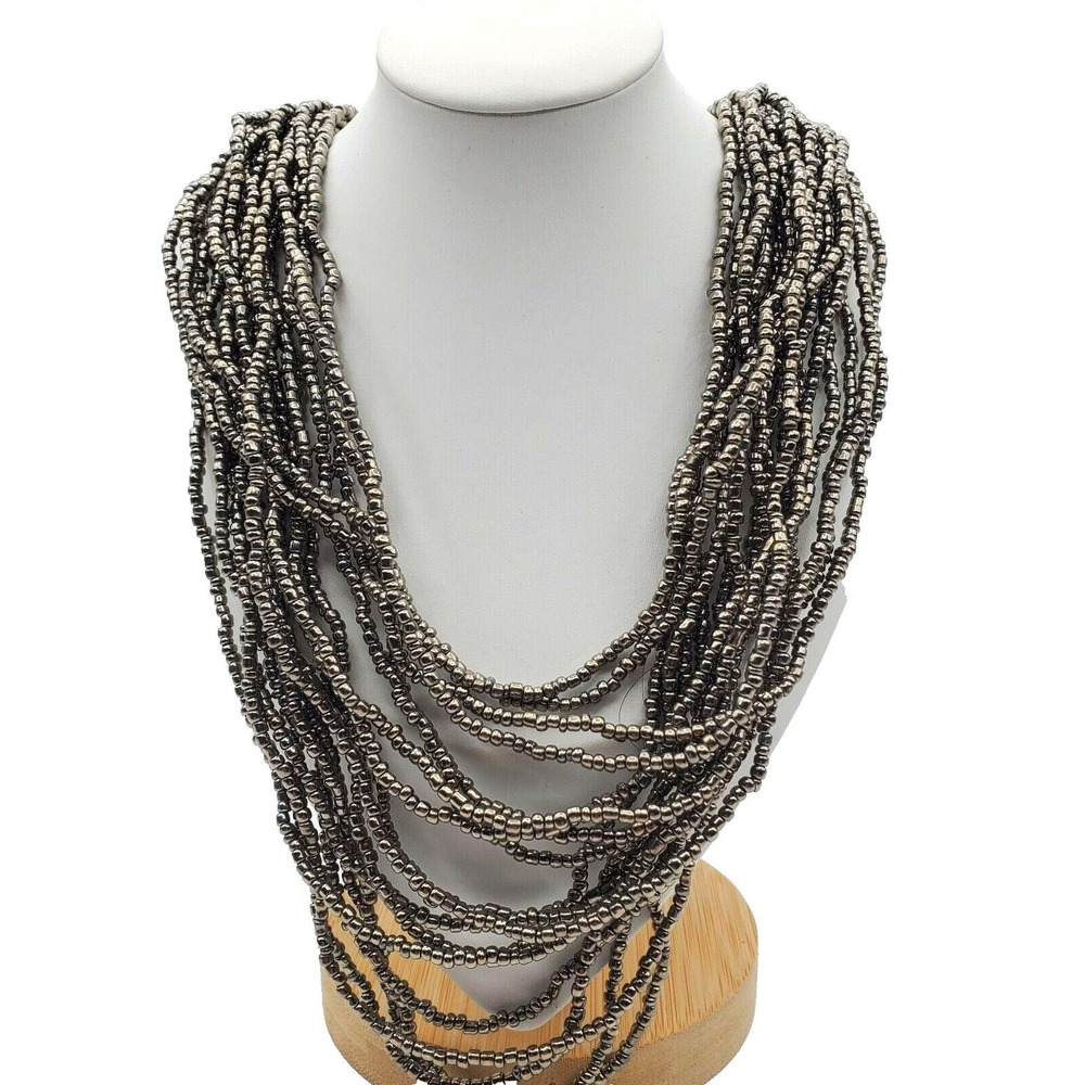 Multi Strand Gray Gunmetal Necklace Silver Seed Beaded Torsade Waterfall Layered